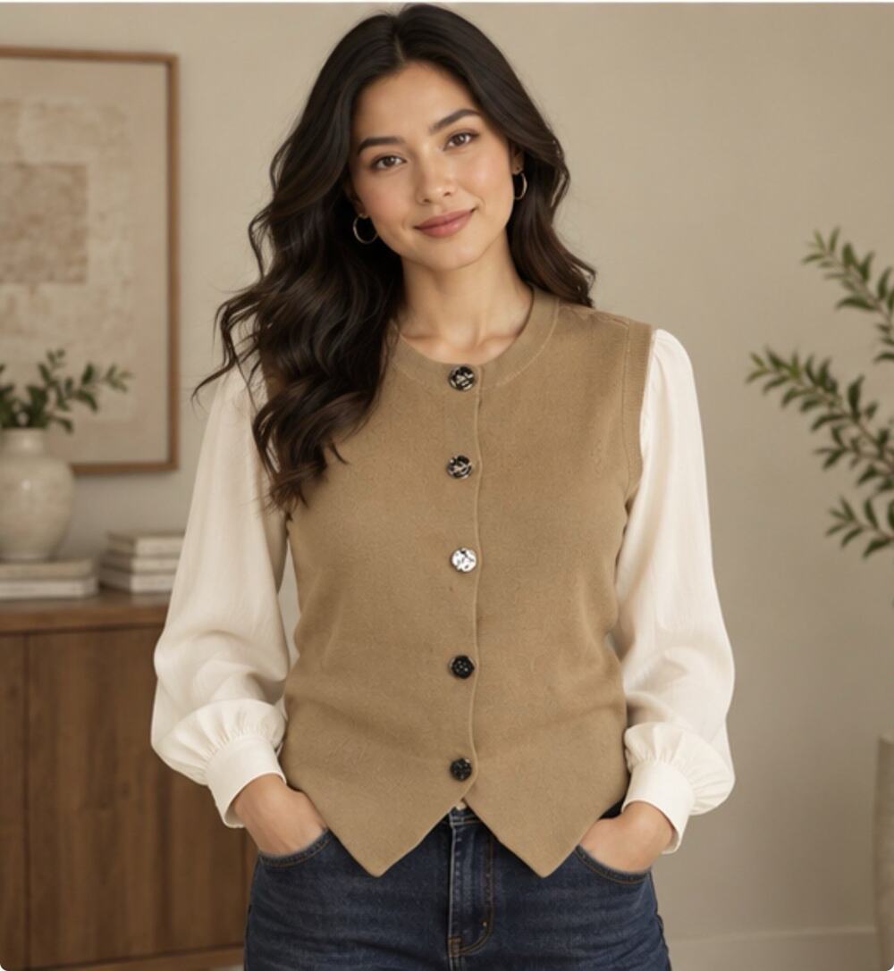 LOFT Women’s Button Front Sweater Vest Size Small Brown Tan Tailored Knit
